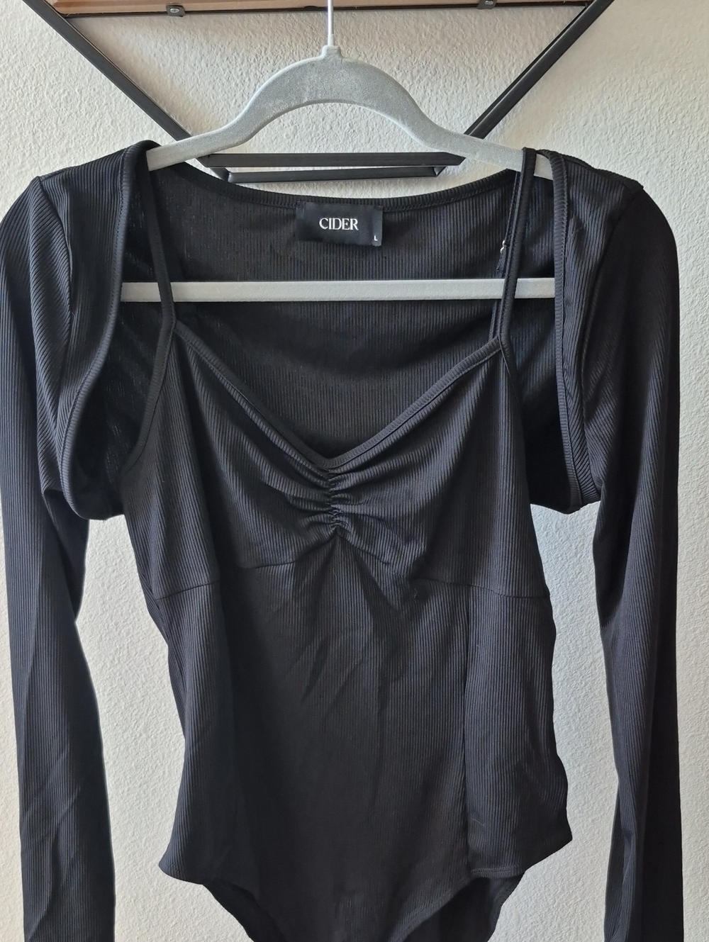 Cider Black Ribbed Long-Sleeve Ruched Strap Bodysuit